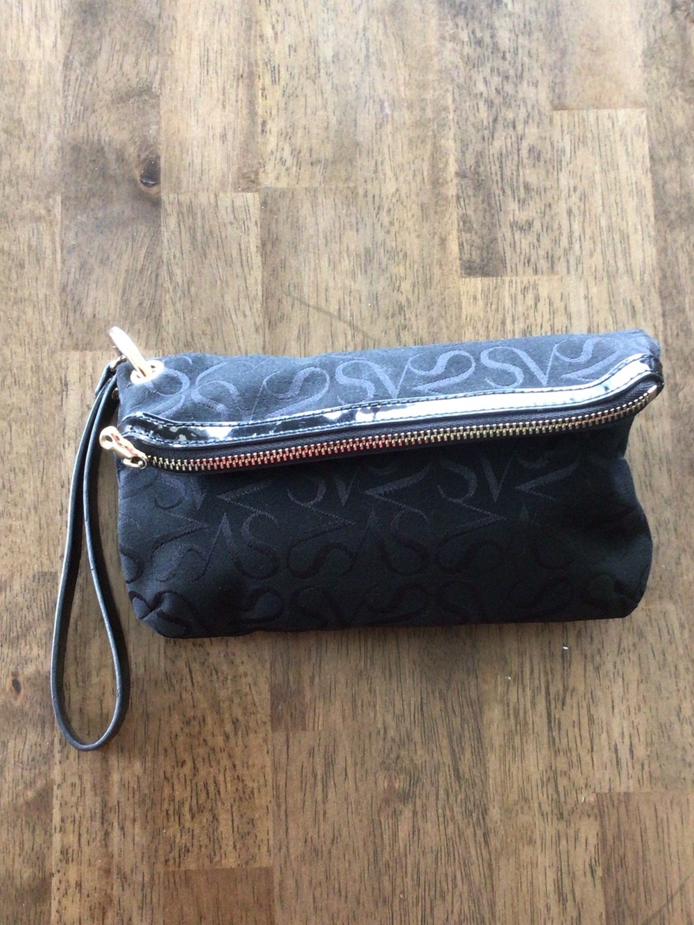 Simply Vera Vera Wang Black Monogram Wristlet with Rose Gold Hardware